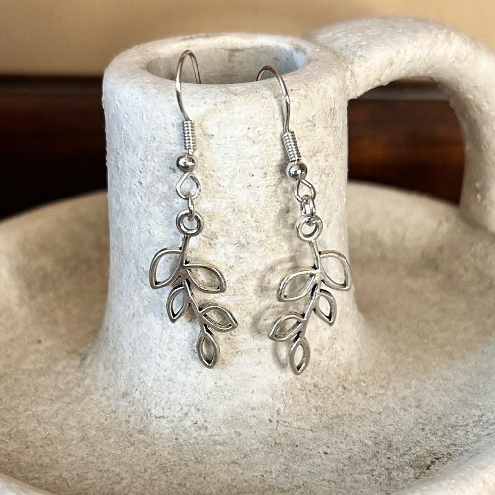 Handcrafted Dainty Silver‎ Leaf Cutout Charm Earrings Gardencore Boho
